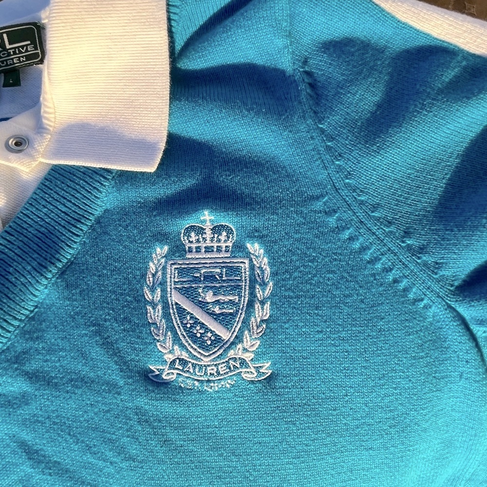 Lauren Ralph Lauren Vintage V-Neck Collared Embroidered Knit Deep Ocean Blue  L - Picture 7 of 12
